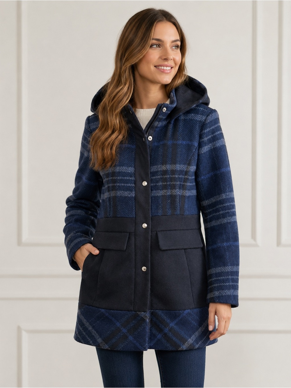 Guess Plaid Wool Blend Winter Coat Medium Blue Black Hooded Mid Length Academia